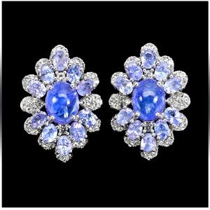 Gorgeous Unheated Oval Tanzanite 9x7mm White Topaz 925 Sterling Silver Earrings